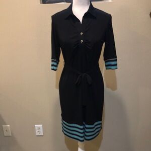 EnFocus Studio Black/Turquoise Blue Striped Sleeves & Hem Tie Waist Midi Dress-4